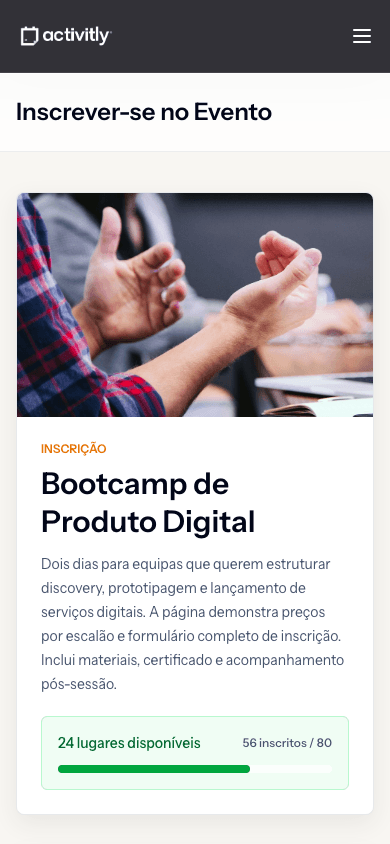 Página de inscrição de um curso no telemóvel, com os lugares disponíveis