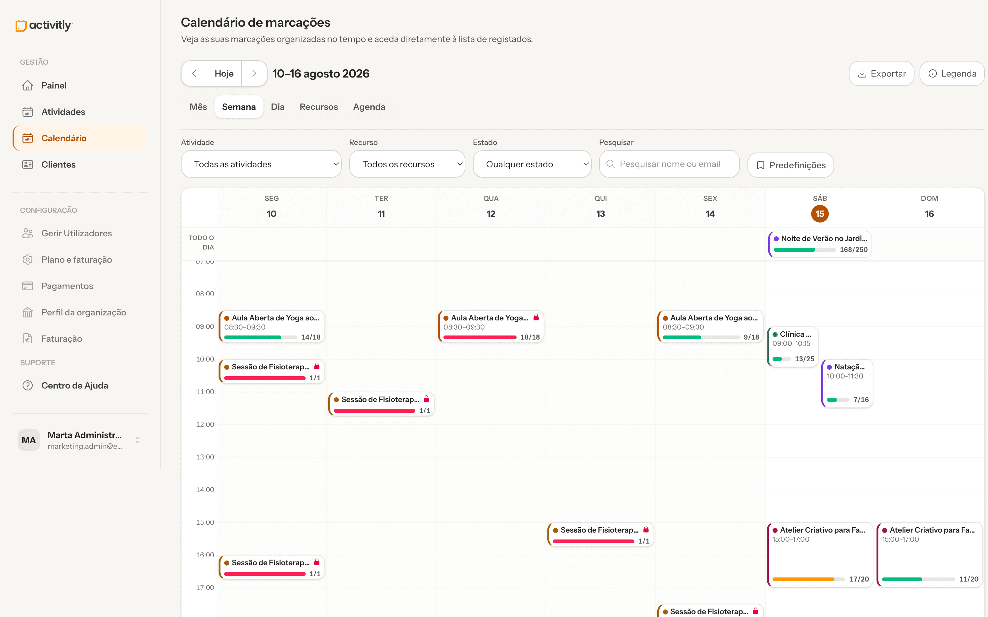Calendário do Activitly com atividades distribuídas por dia e horário